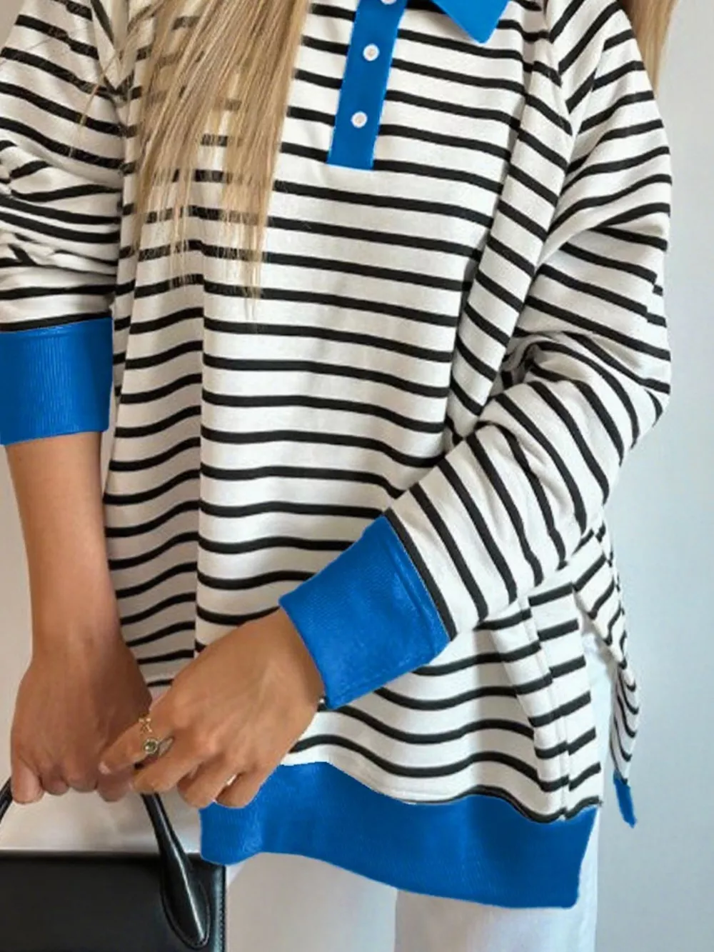 Striped Polo Collar Long Sleeve Sweatshirt, image 3