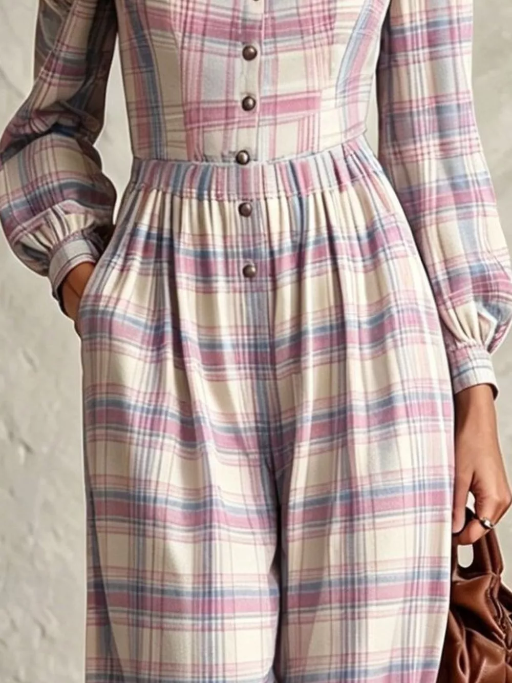 Plaid Square Neck Long Sleeve Wide Leg Jumpsuit, image 5