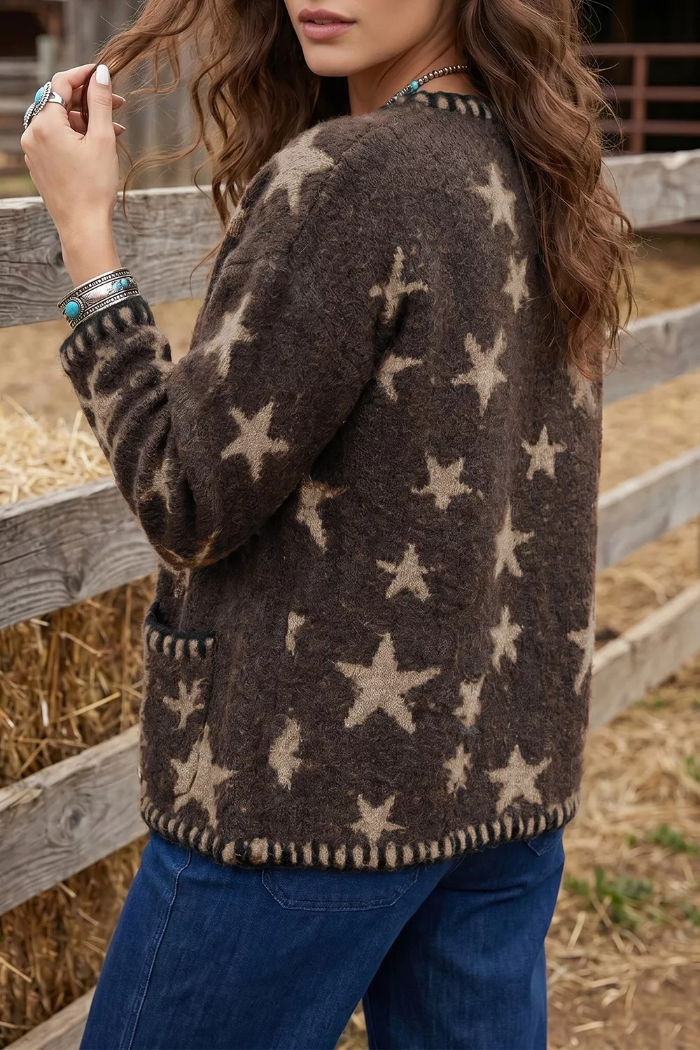 Stars Pattern Colorblock Long Sleeve Shift Cardigan, image 3