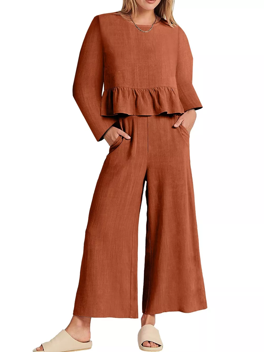 Full Size Ruffled Hem Long Sleeve Top and Pants Set Plus Size, image 7