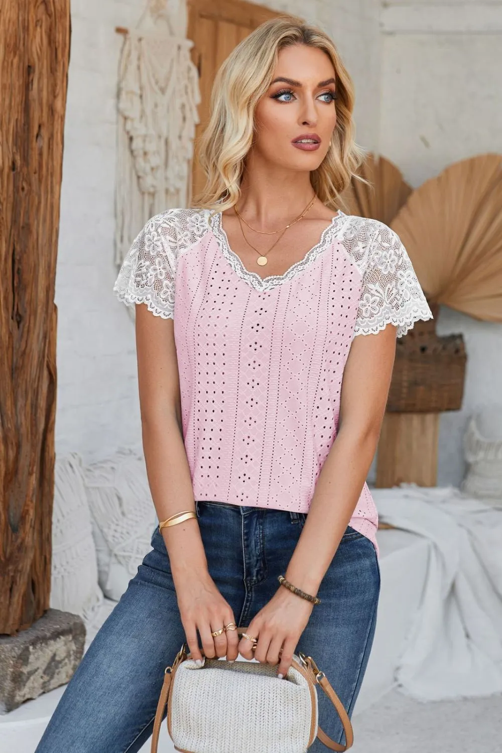 Eyelet V-Neck Lace Short Sleeve T-Shirt, image 19