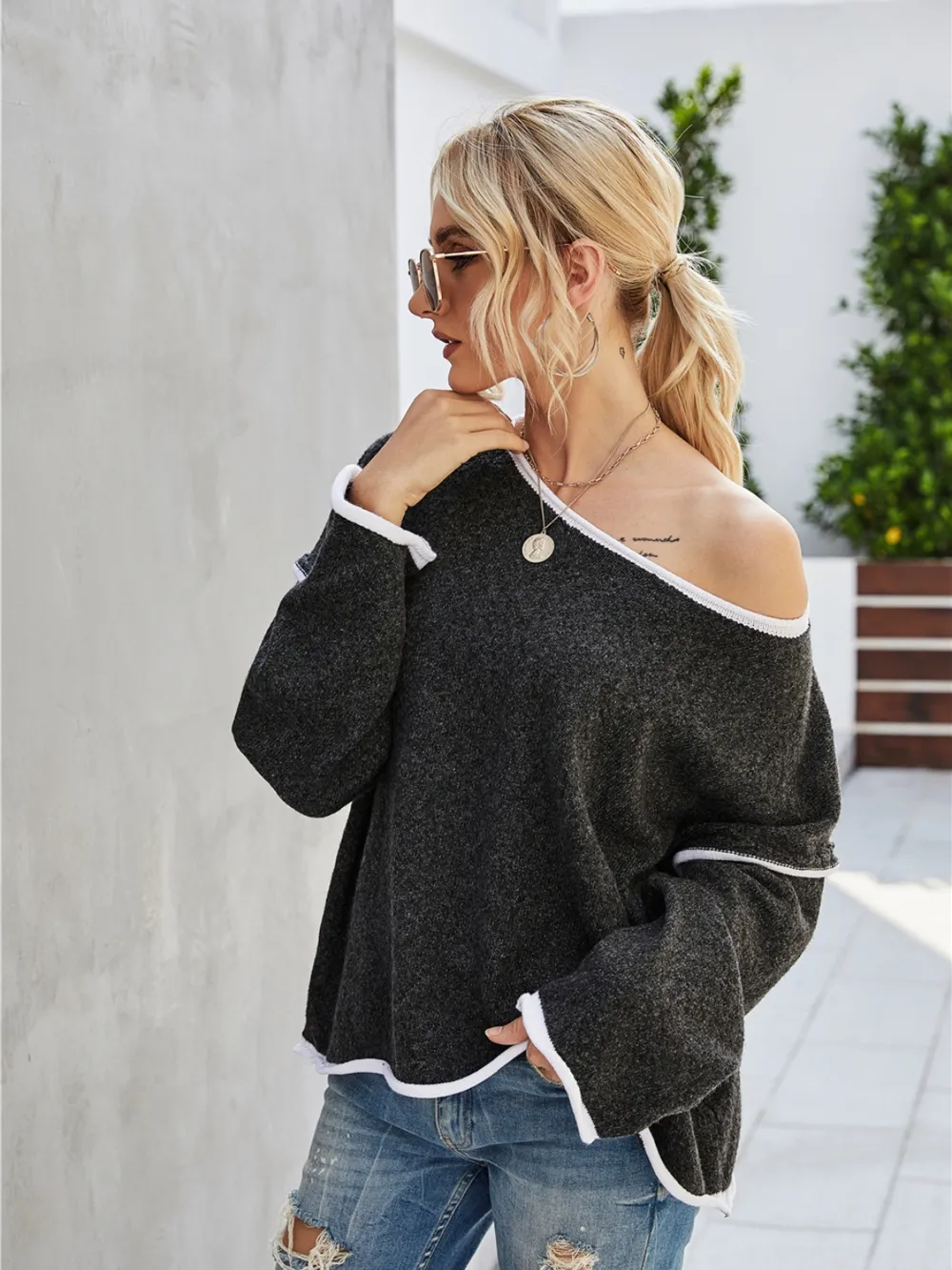 Boat Neck Dropped Shoulder Sweater, image 7
