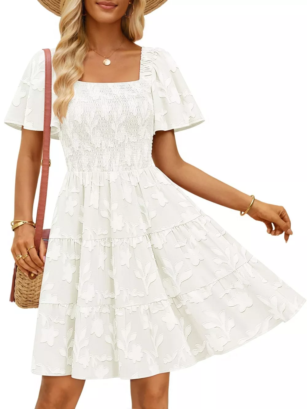 Smocked Square Neck Tiered Mini Dress, image 14