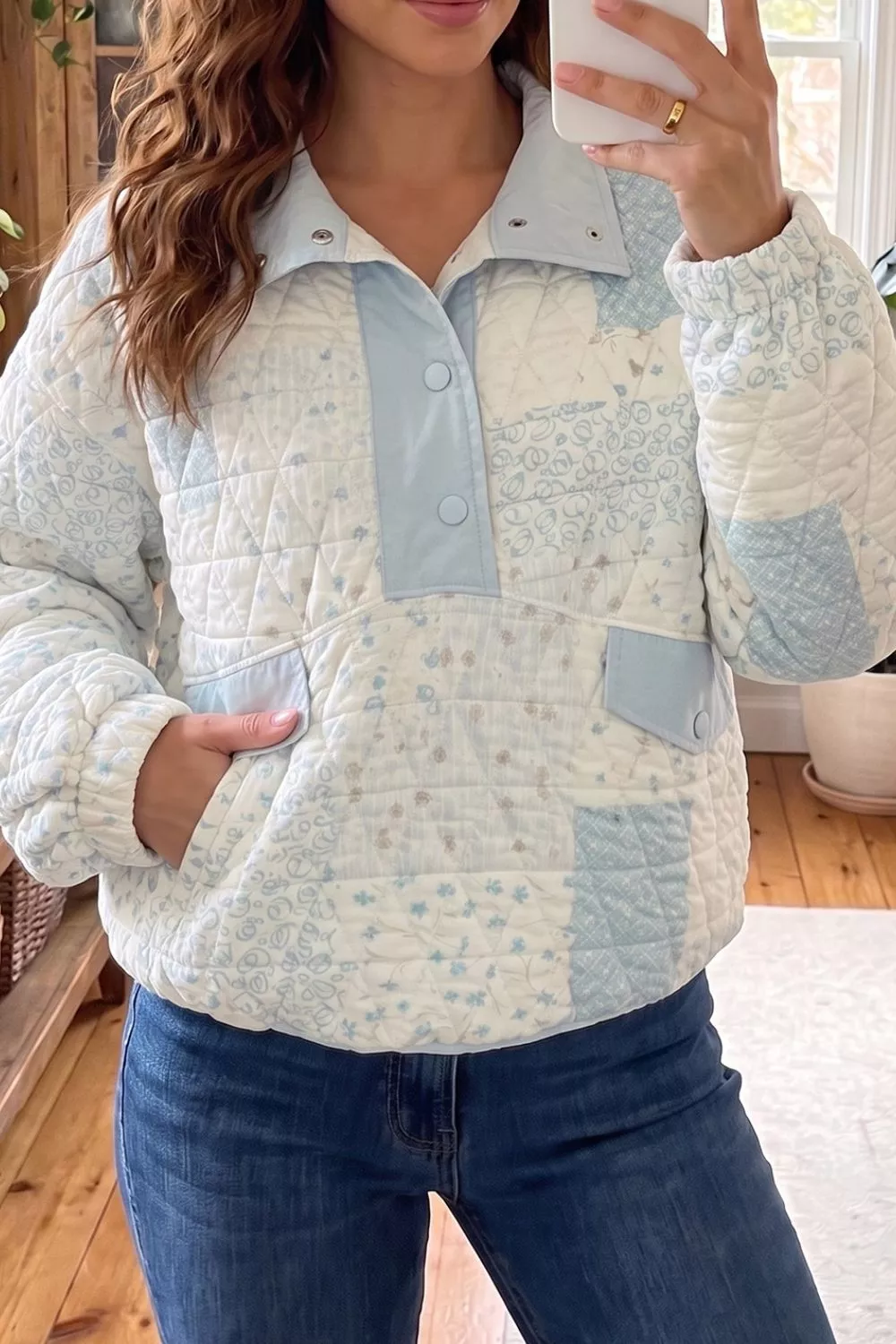 Patchwork Quilted Snap-Neck Sweatshirt, image 7