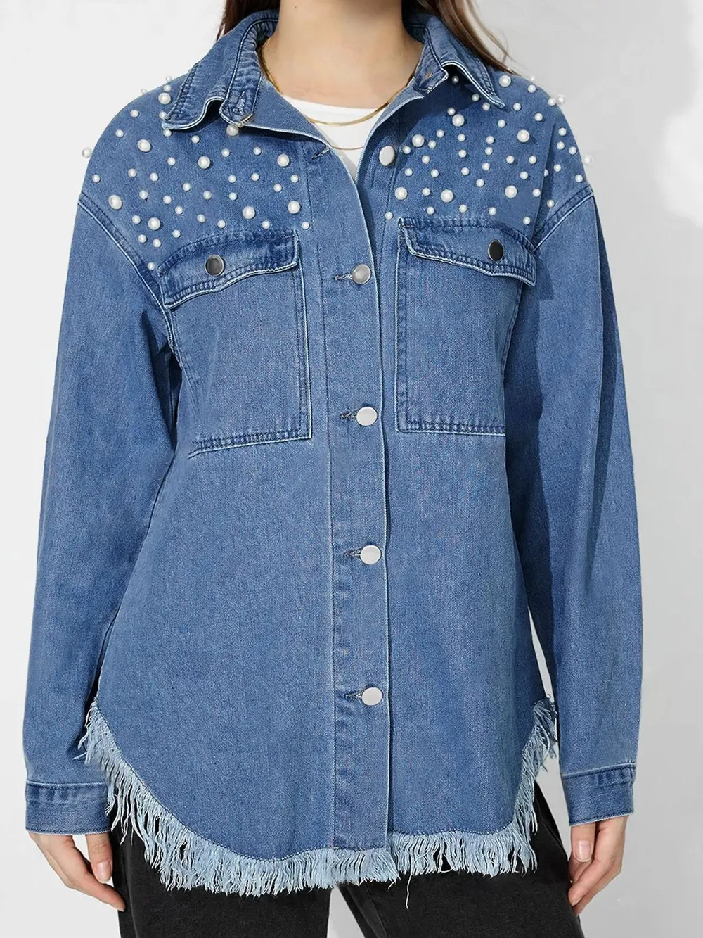 Raw Hem Pearl Trim Collared Neck Denim Top, image 6