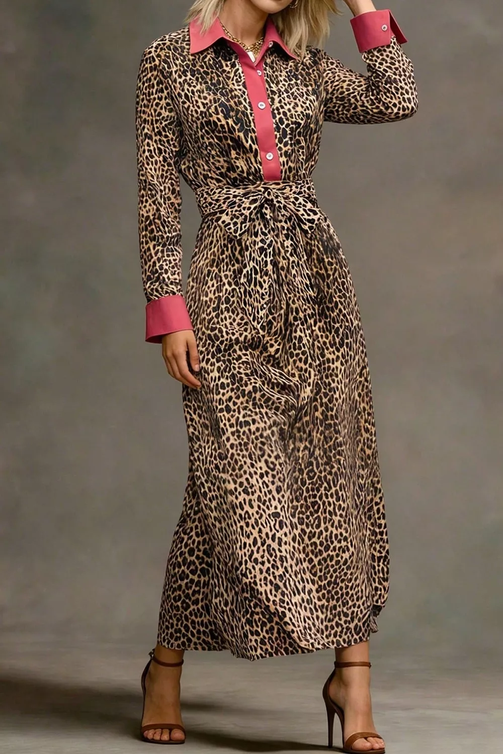 Leopard Print Belted Maxi Shirt Dress, image 2