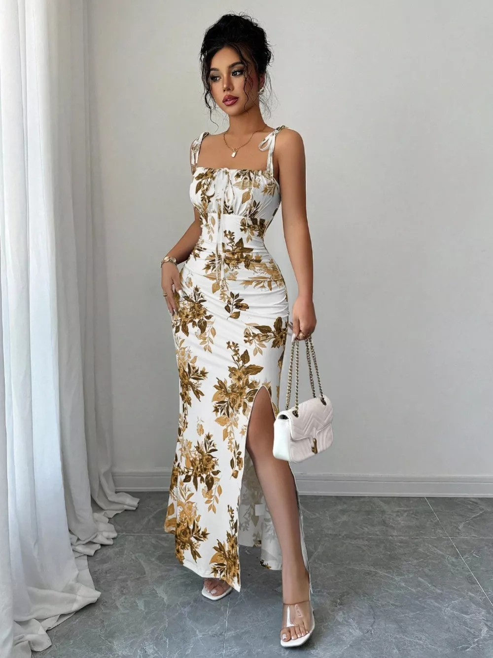 Printed Tie Strap Slit Maxi Dress