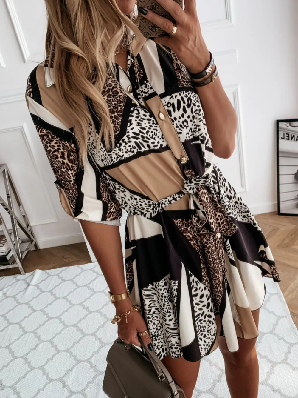 Printed Tie Waist Roll-Tab Sleeve Mini Dress, image 4
