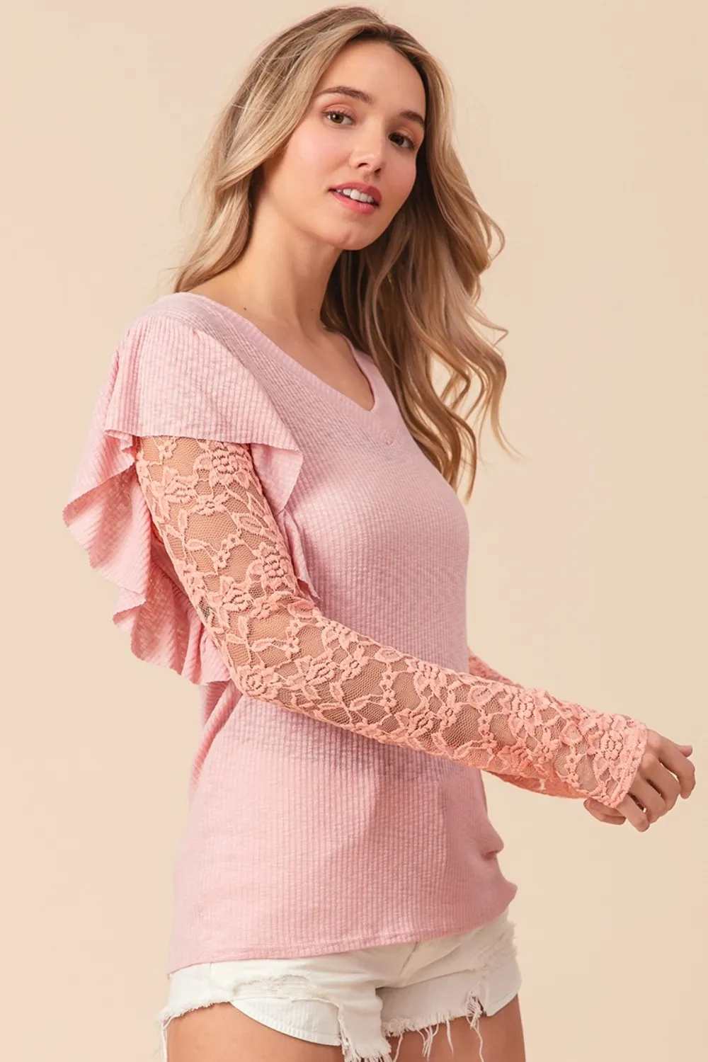 Ruffled Lace Sleeve Rib Knit Top, image 2