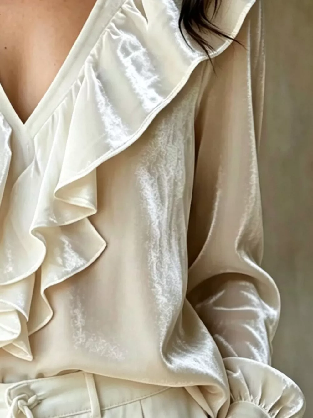 Ruffled V-Neck Long Sleeve Blouse, image 3