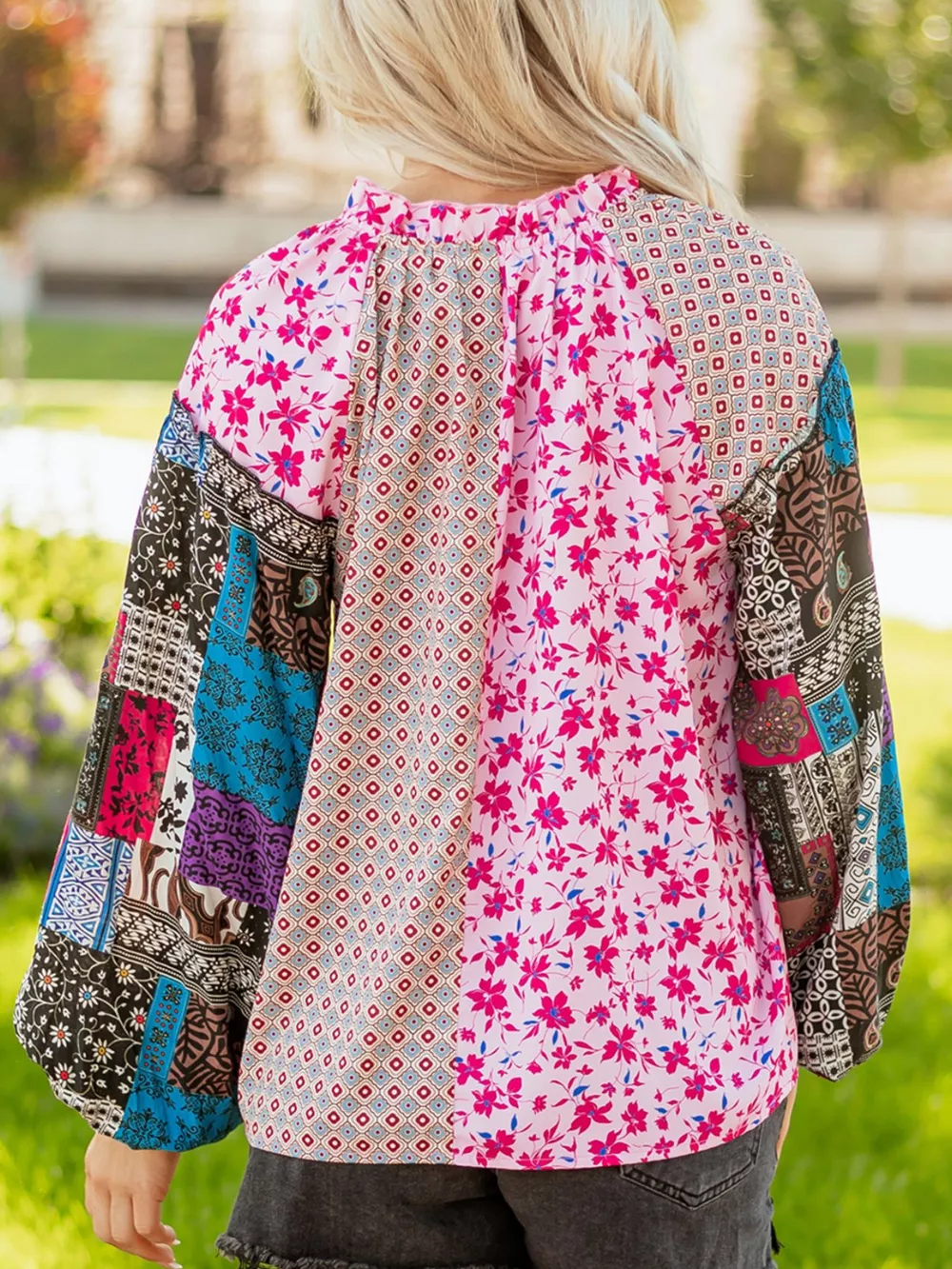 Boho Mixed Floral Drop Shoulder Bubble Sleeve Blouse, image 4