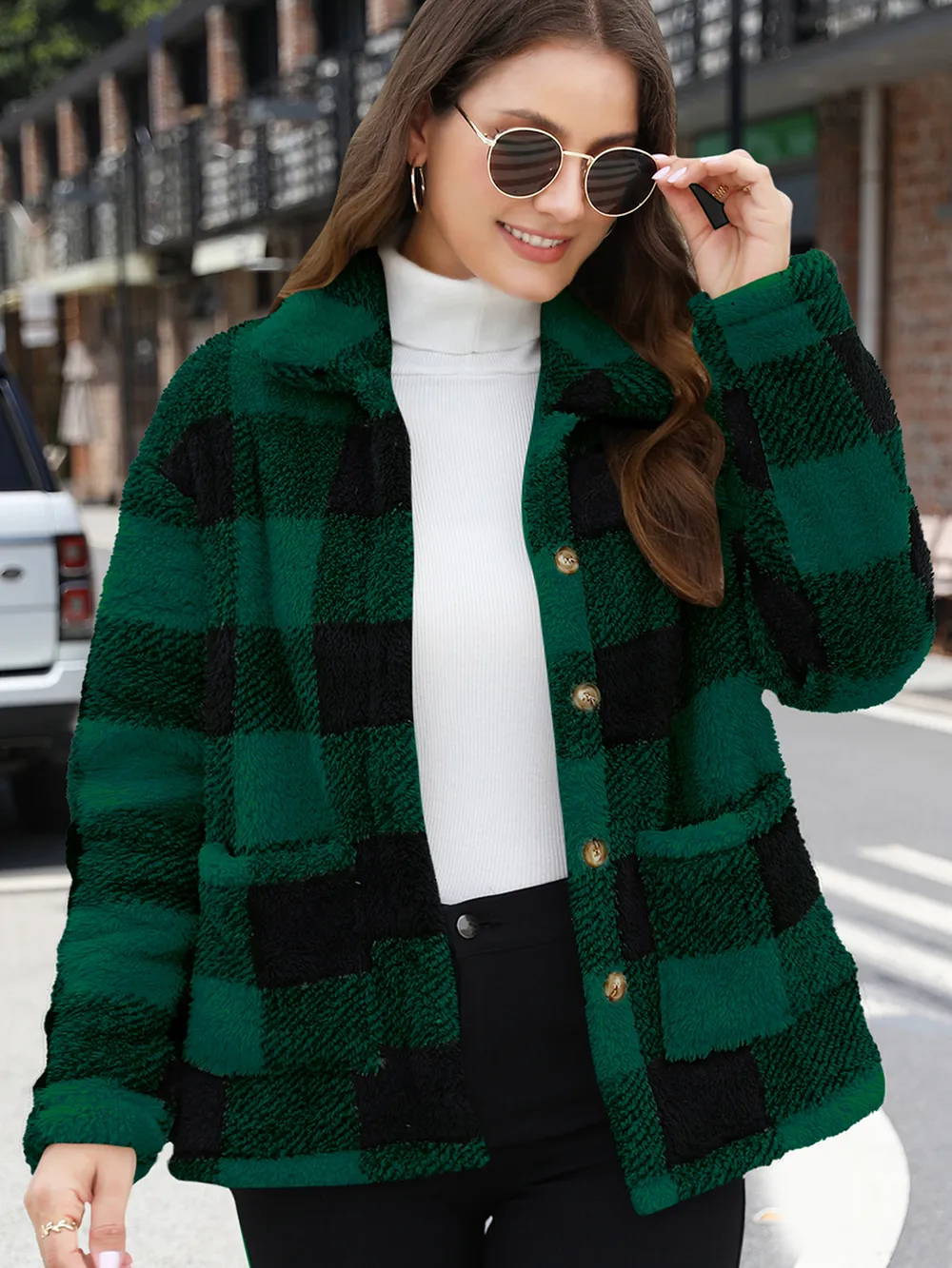 Button Up Drop Shoulder Fuzzy Jacket, image 8