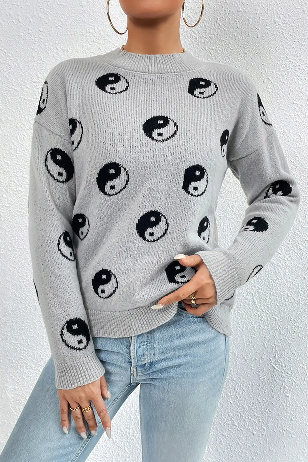 Graphic Mock Neck Dropped Shoulder Sweater, image 17