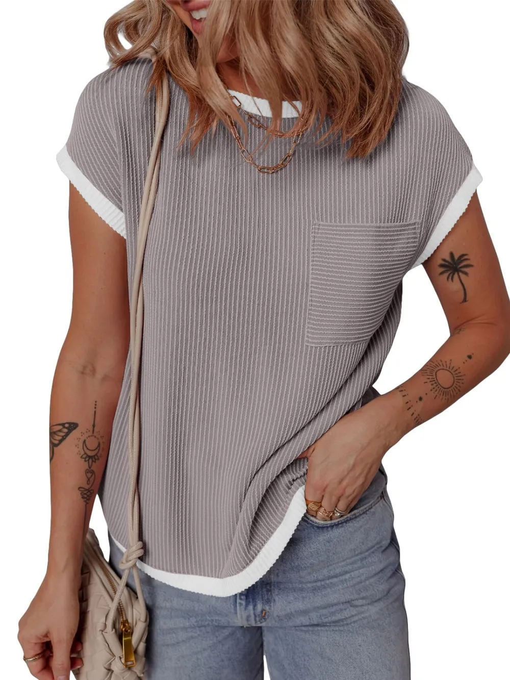 Contrast Trim Round Neck Short Sleeve T-Shirt, image 22