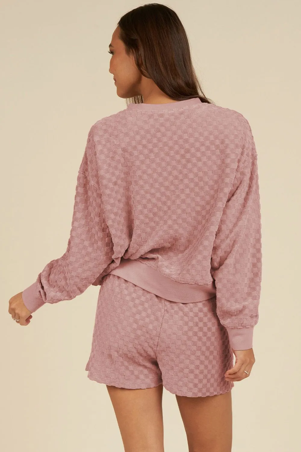 Round Neck Long Sleeve Checkered Top and Shorts Set, image 4