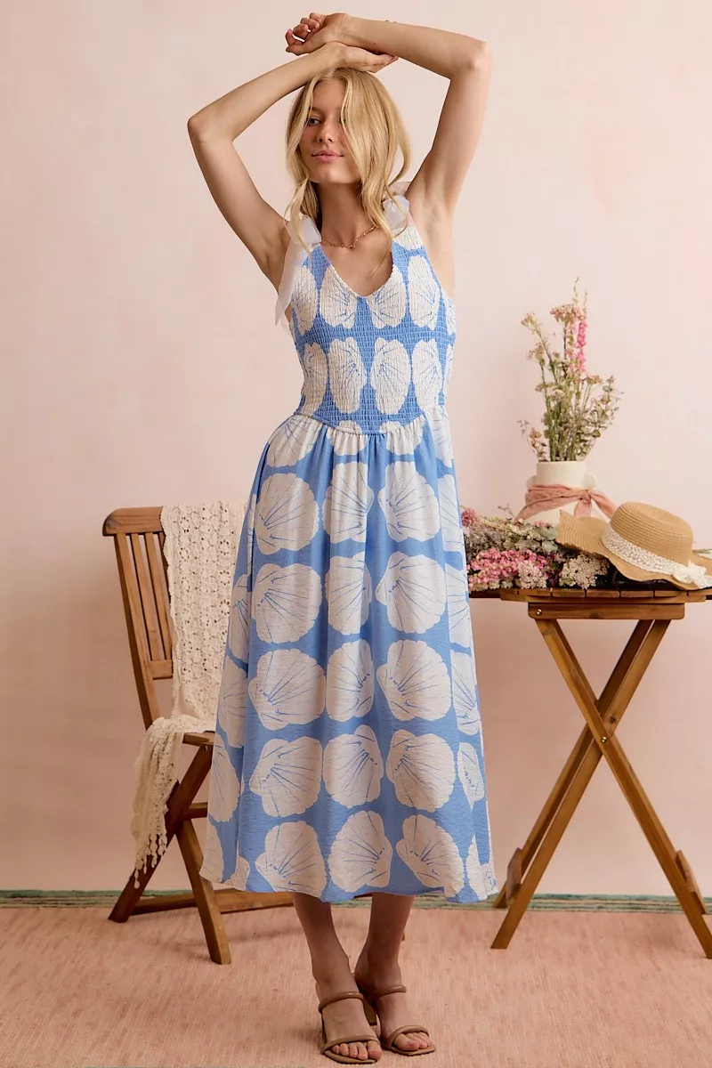 Shell Smocked Bodice Shoulder Tie Lined Midi Dress, image 13