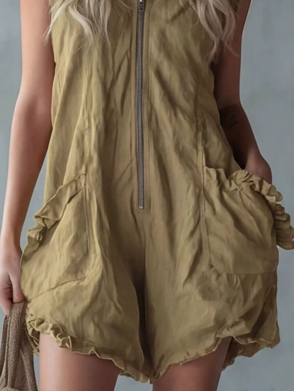 Full Size Hooded Sleeveless Zipper Romper with Ruffled Pockets Plus Size, image 4