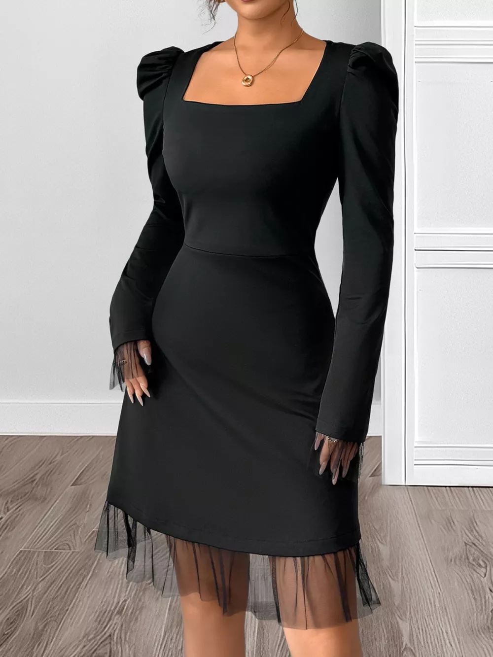 Square Neck Puff Sleeve Mesh Hem Dress, image 5