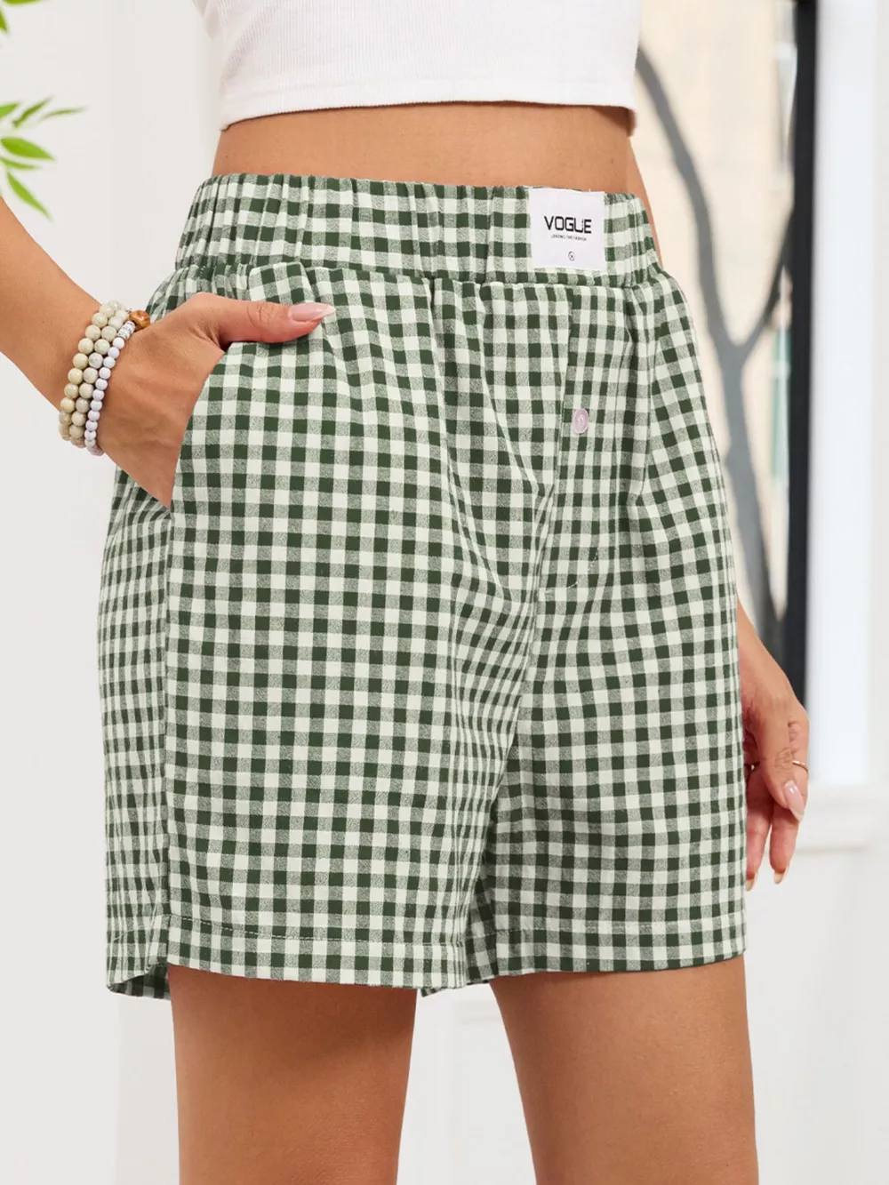Gingham Elastic Waist Casual Shorts, image 15