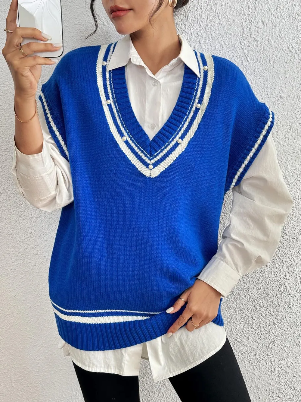 Pearl Trim Contrast V-Neck Sweater Vest, image 13