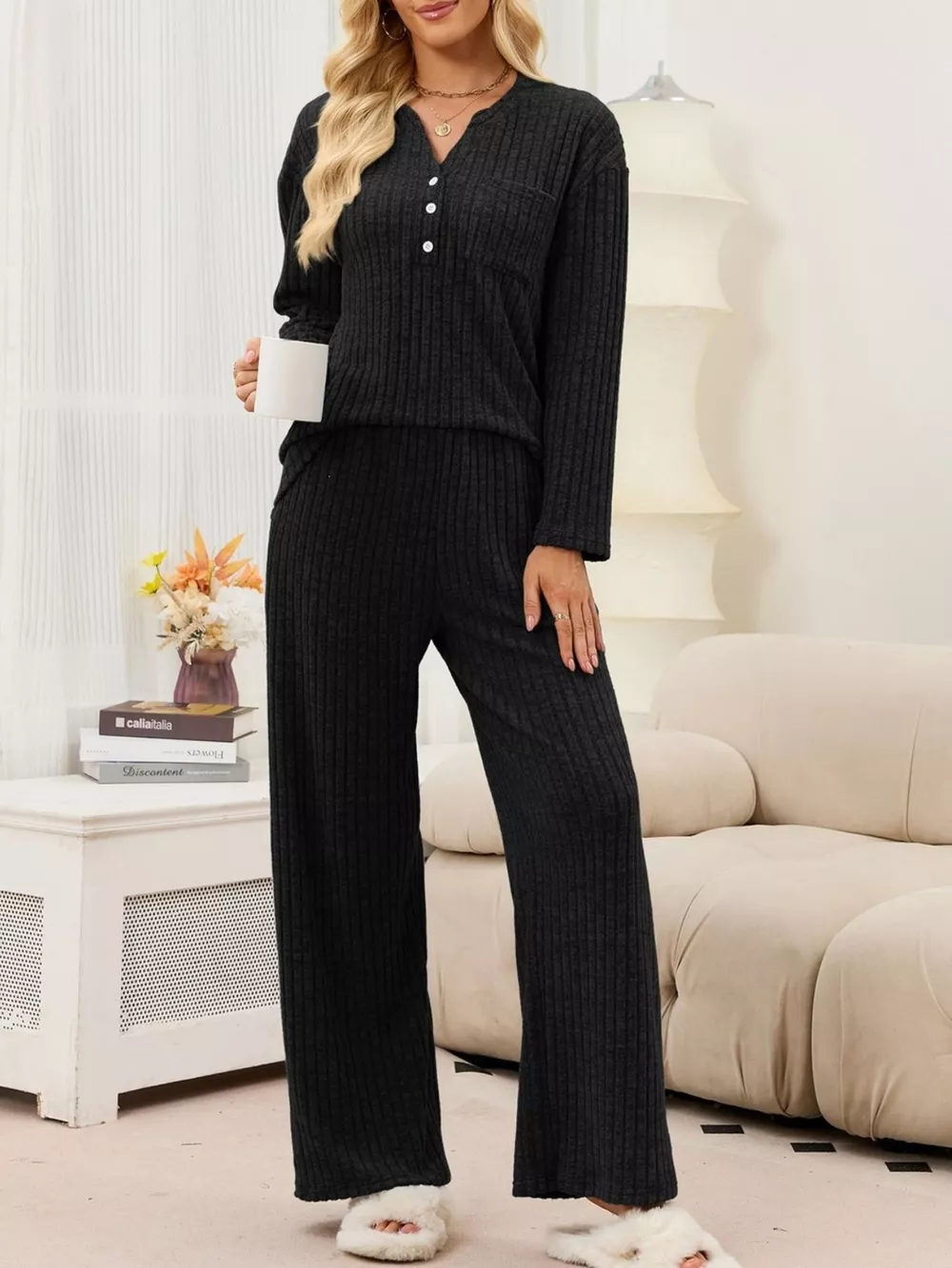 Ribbed Knit Top and Wide-Leg Pants Set, image 9