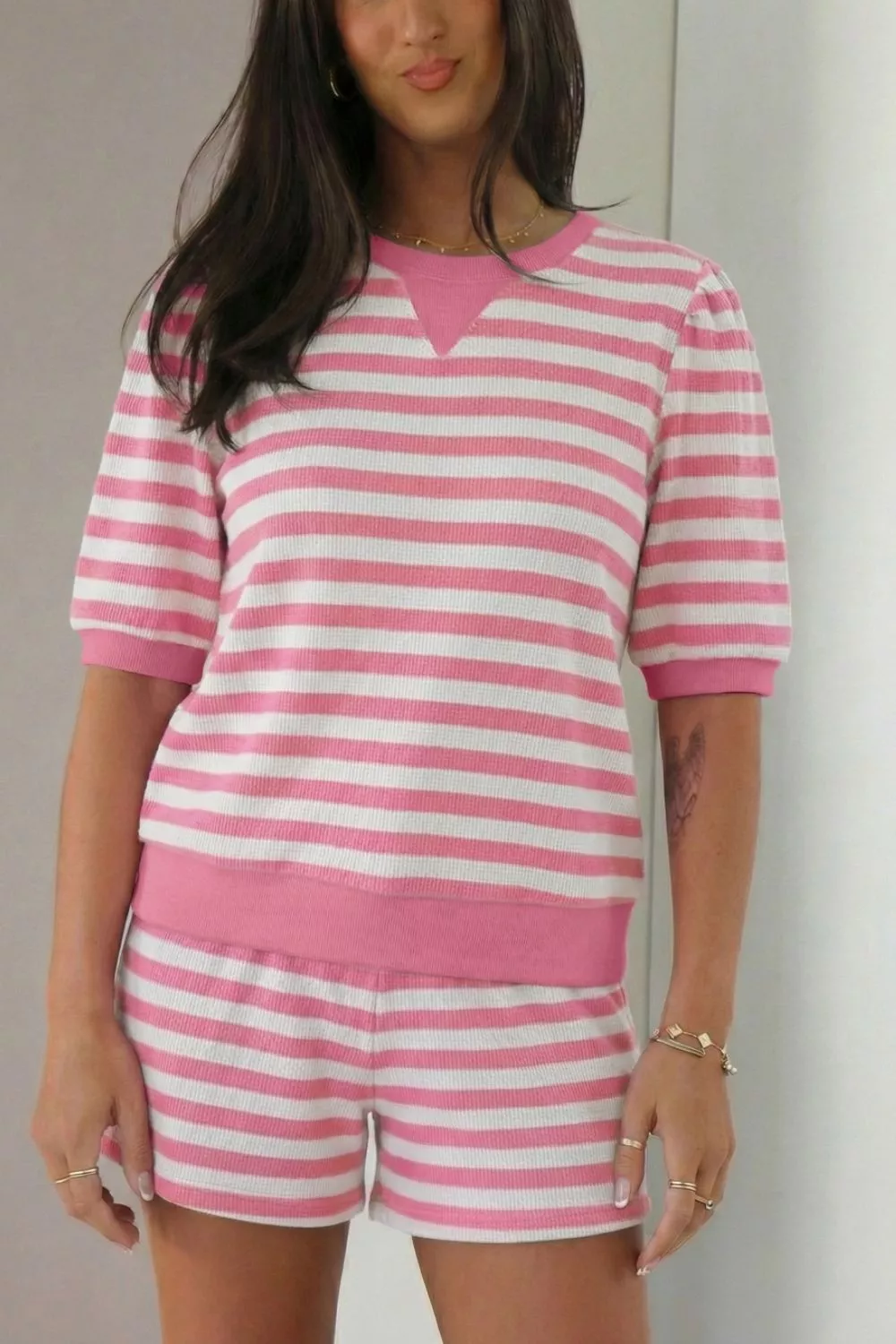 Striped Round Neck Top and Shorts Set, image 7