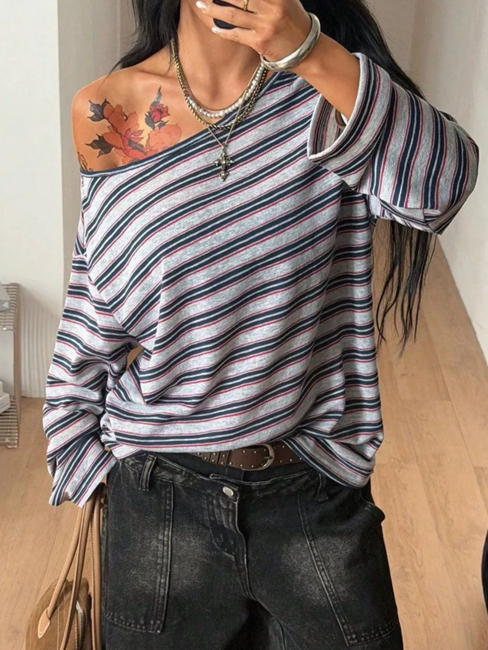 Striped Boat Neck Long Sleeve T-Shirt, image 8