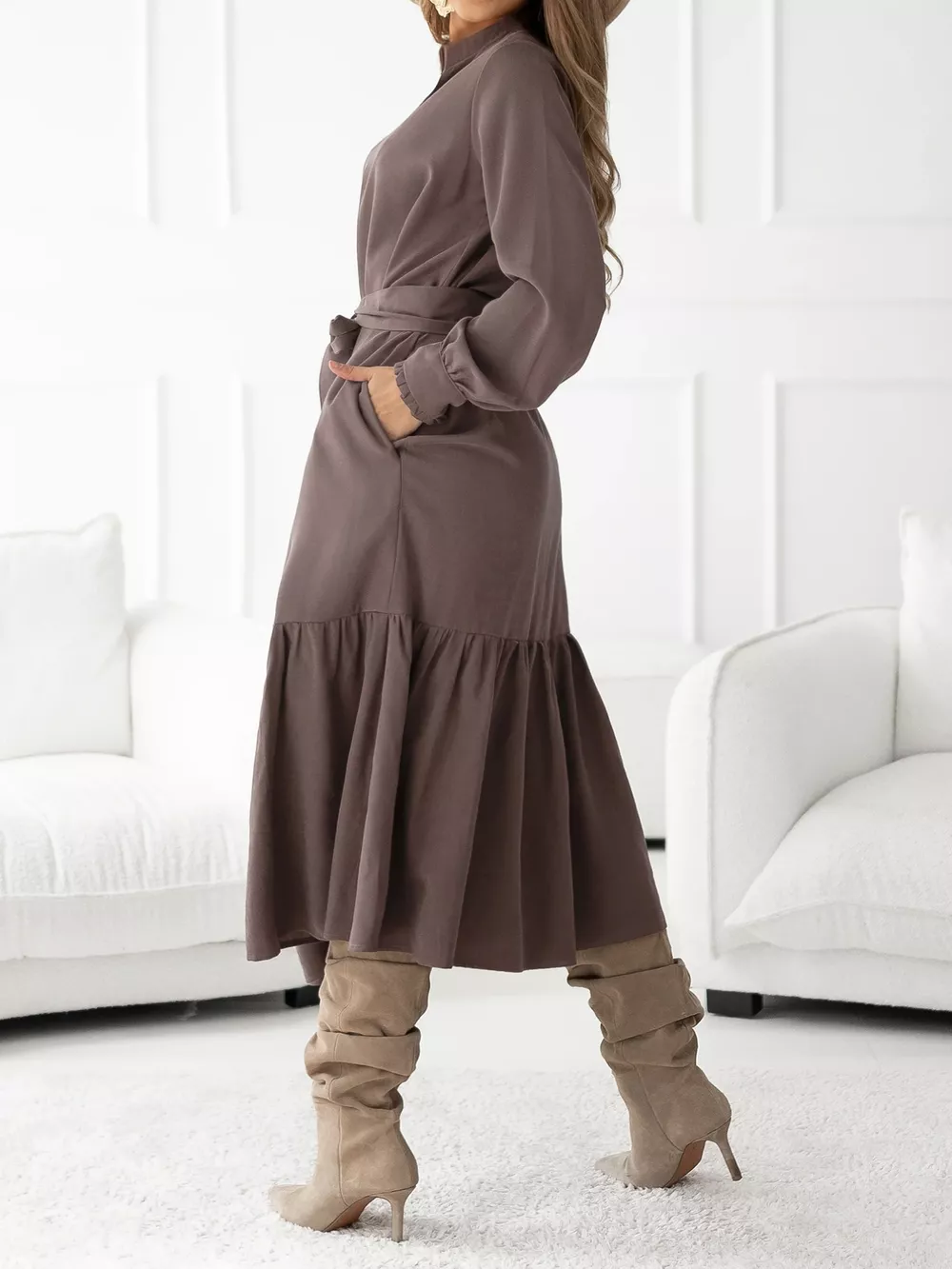 Long Sleeve Tie Waist Ruffle Hem Midi Dress, image 7