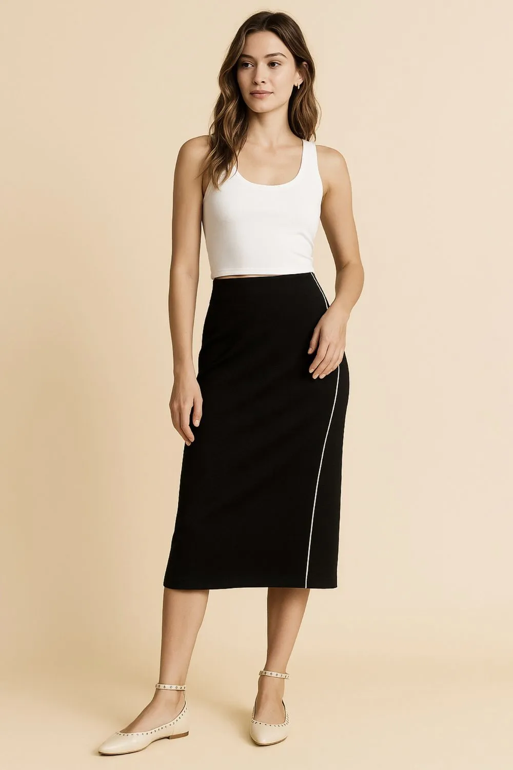 Midi Pencil Skirt with Contrast Piping Detail