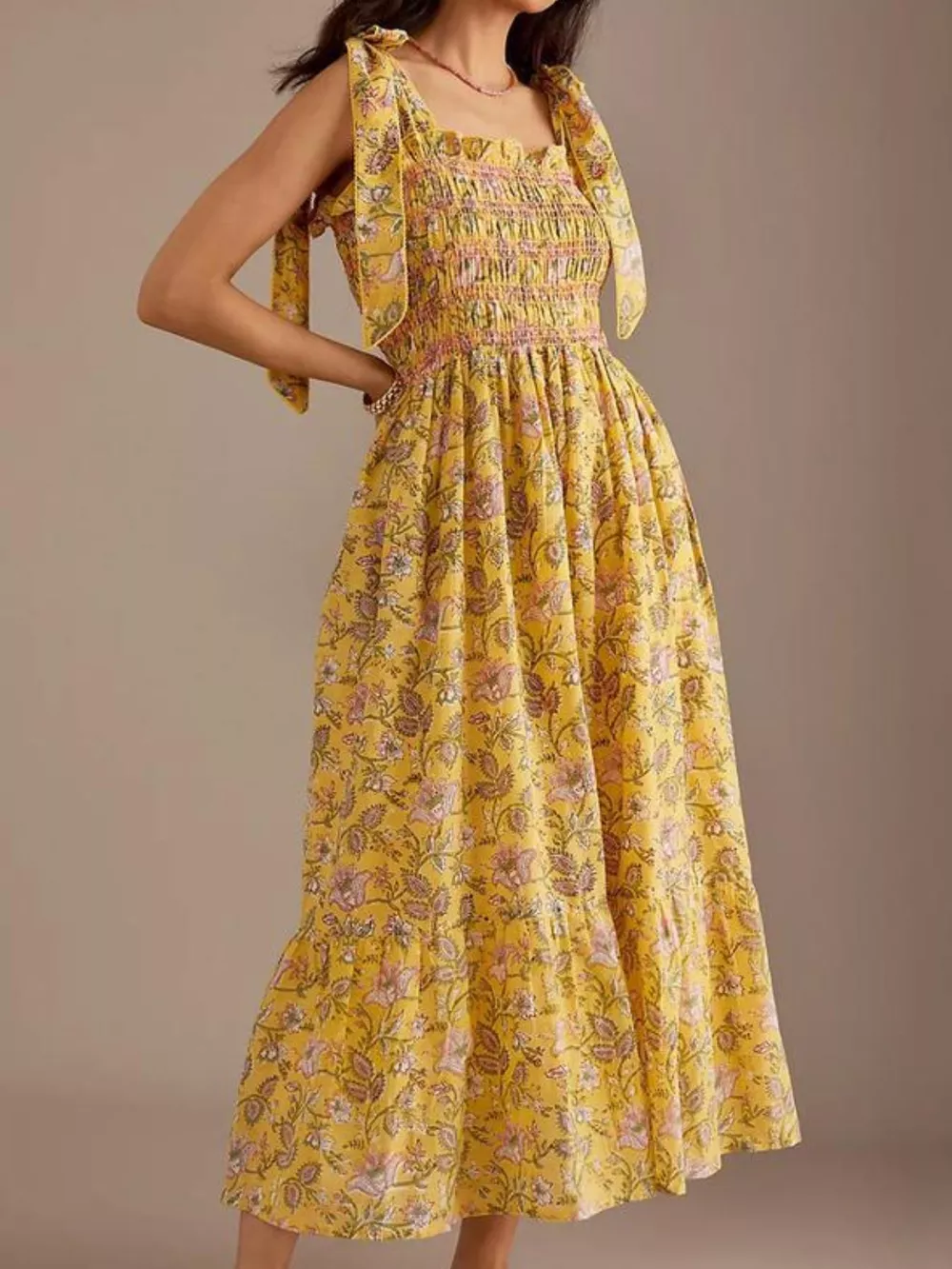 Floral Smocked Tie-Shoulder Midi Dress