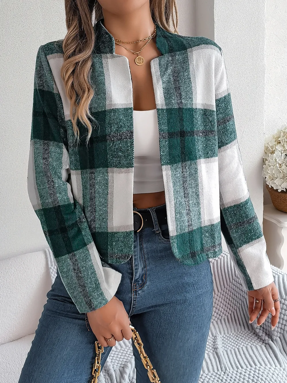 Plaid Open Front Long Sleeve Jacket, image 22