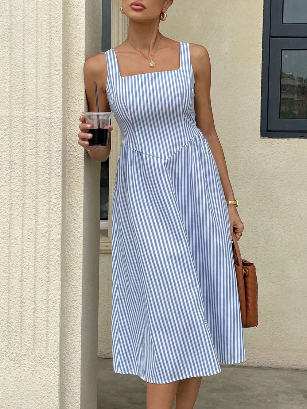 Striped Square Neck Midi Dress, image 12