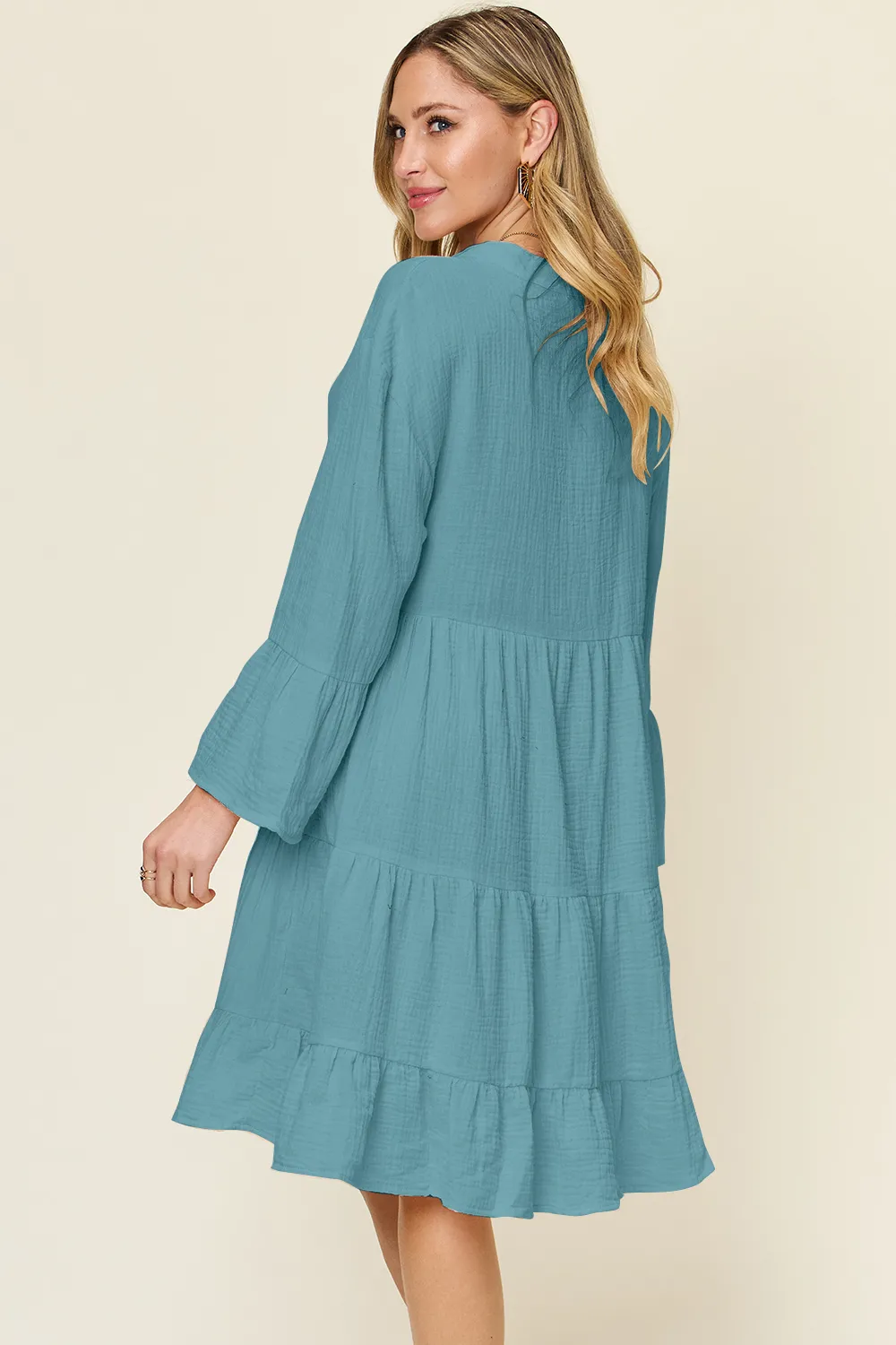 Full Size Texture Button Up Ruffle Hem Dress, image 5