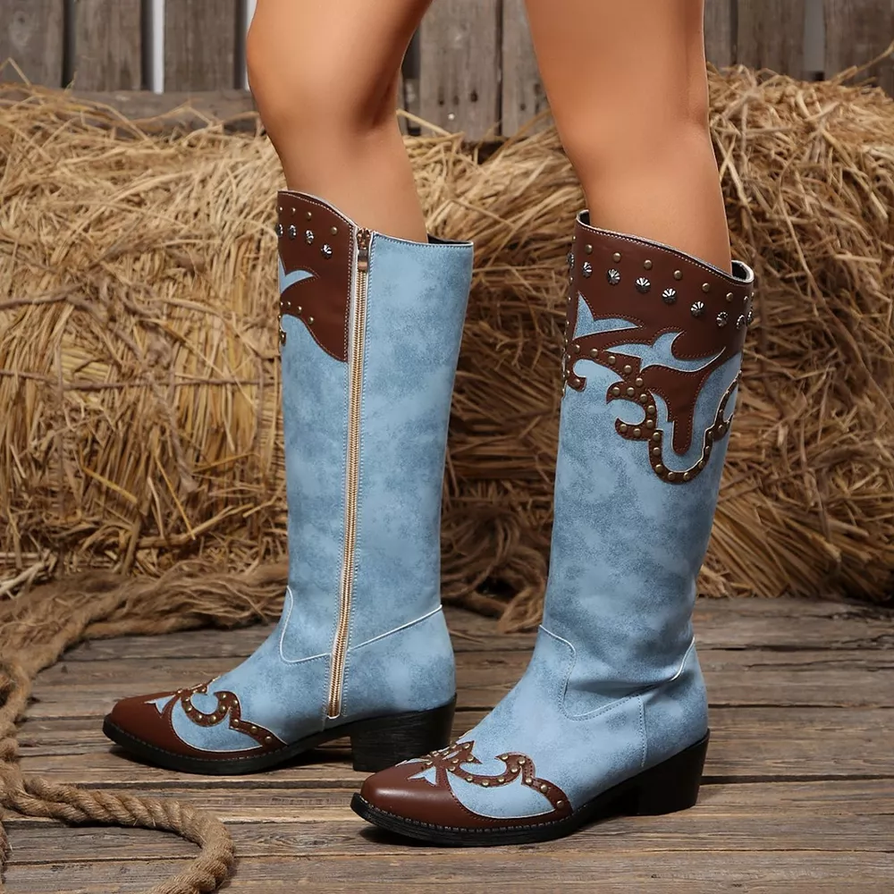 Western-Style Studded Two-Tone Mid-Calf Cowboy Boots, image 6
