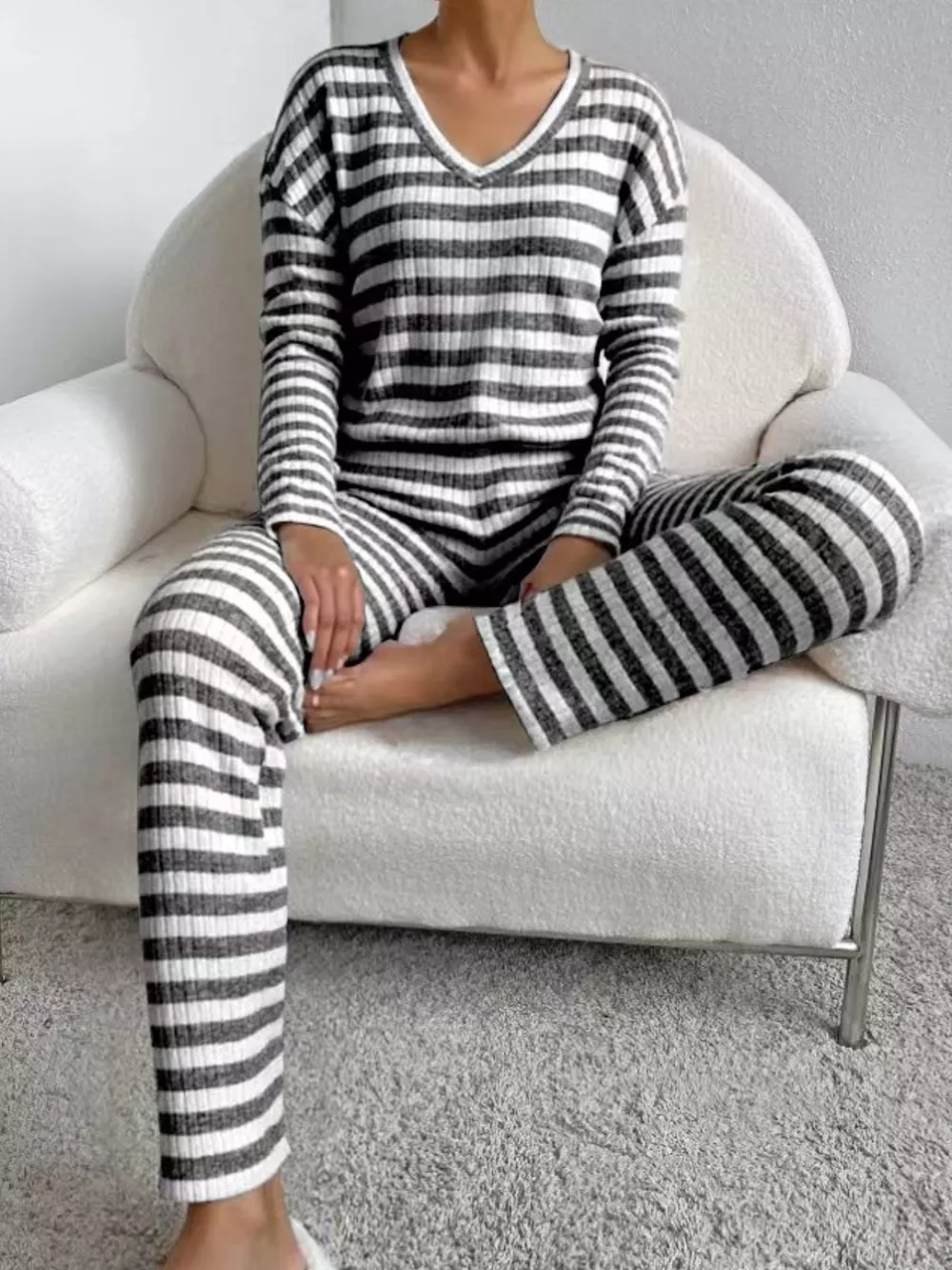 Striped Ribbed Knit Top and Pants Set, image 3