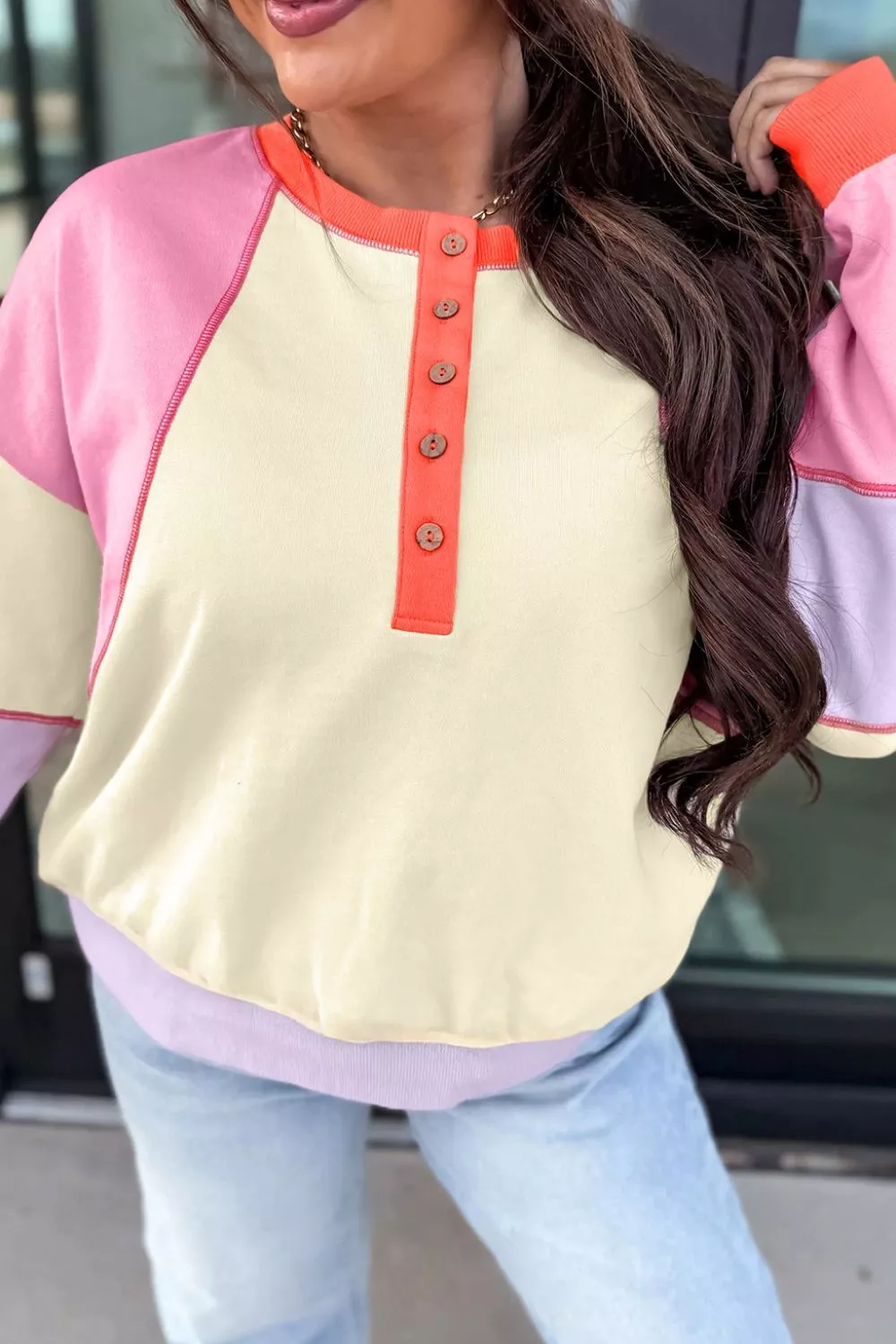 Multicolour Exposed Seam Colorblock Patchwork Long Sleeve Top, image 3