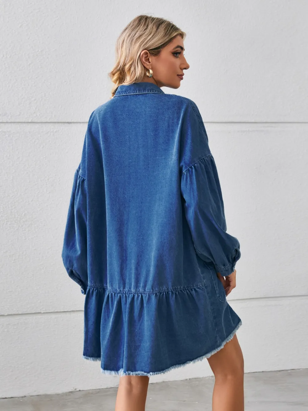 Button Up Pocketed Raw Hem Denim Dress, image 7