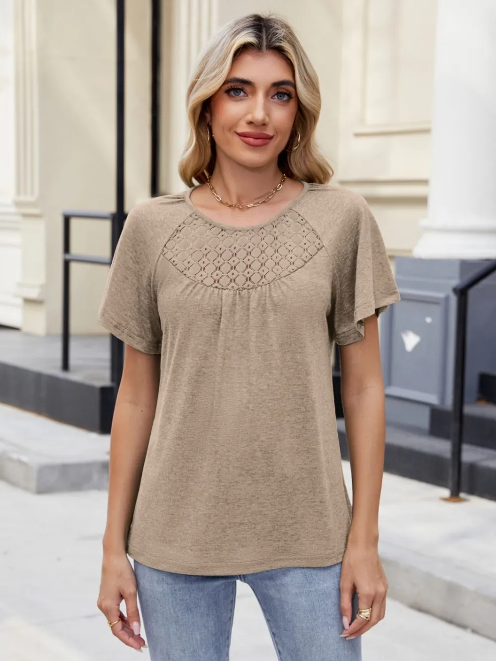 Lace Detail Round Neck Short Sleeve Blouse, image 7