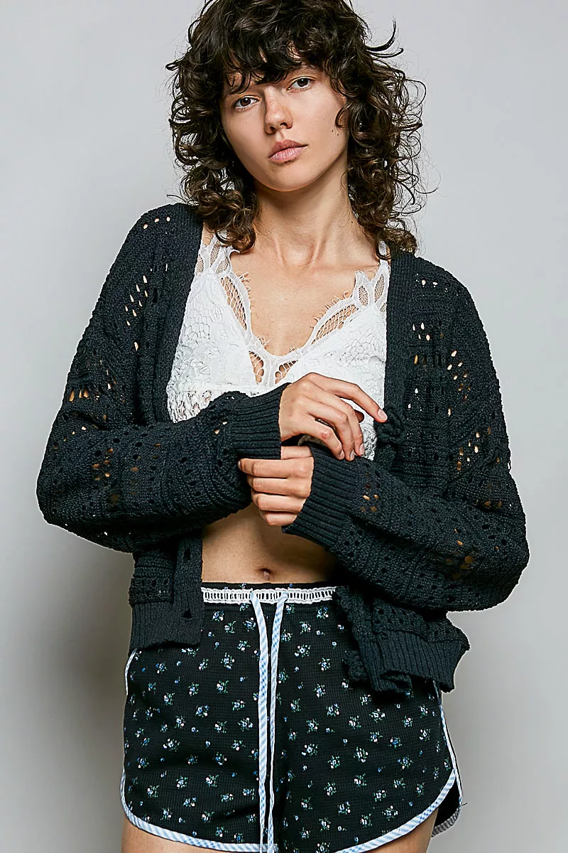 Open-Knit Floral Button Cardigan, image 2