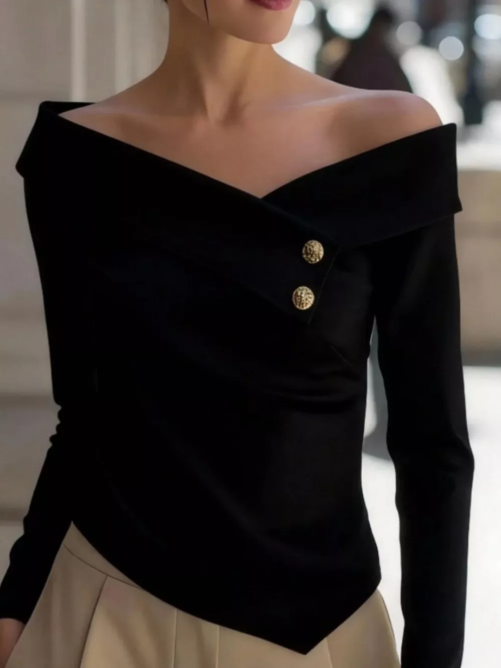 Off-Shoulder Button Decor Blouse