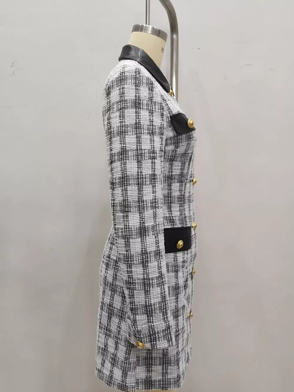 Long Sleeve Plaid Tweed Button-Down Mini Dress, image 5
