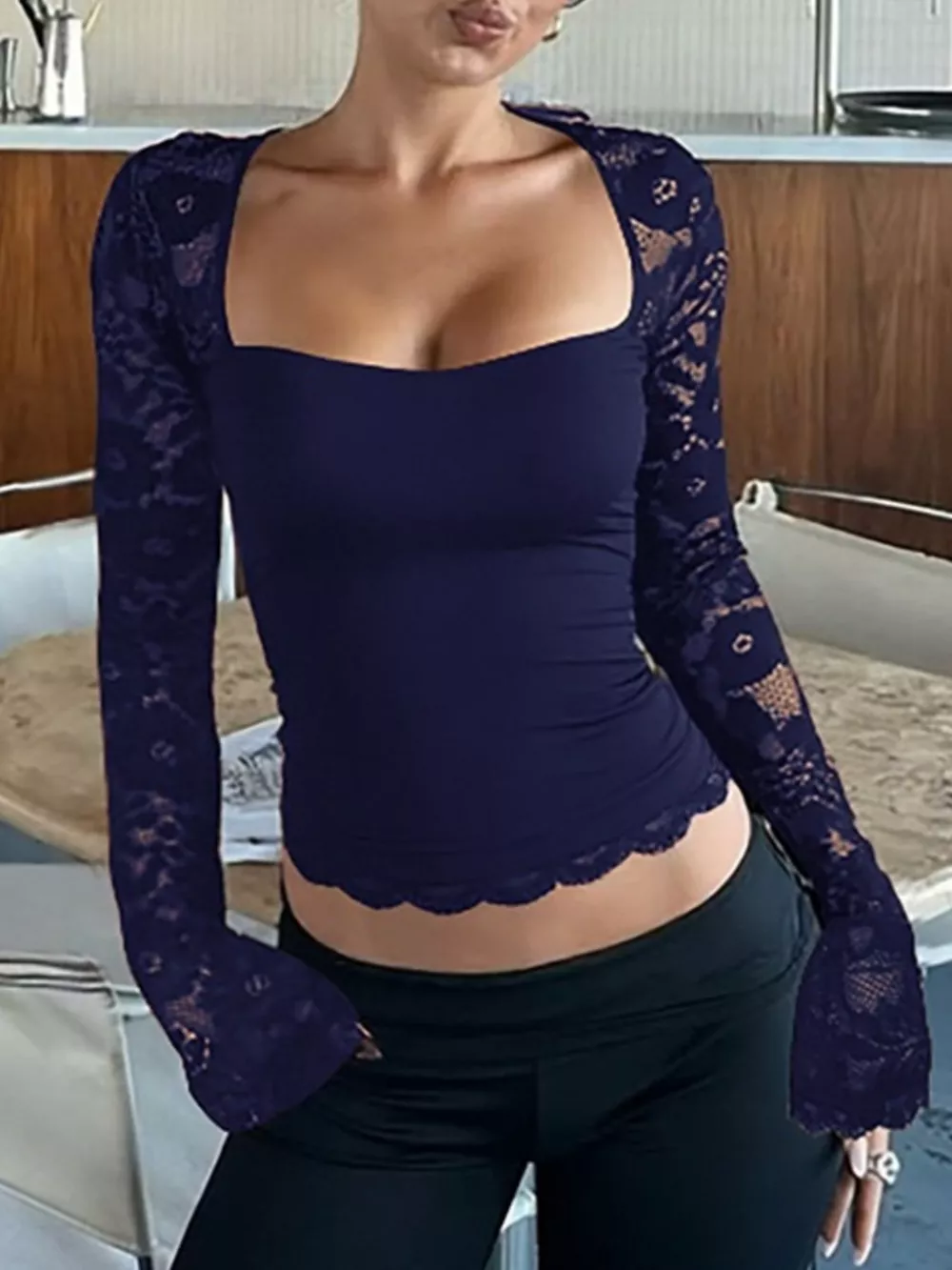Sheer Lace Sleeve Square Neck T-Shirt, image 20