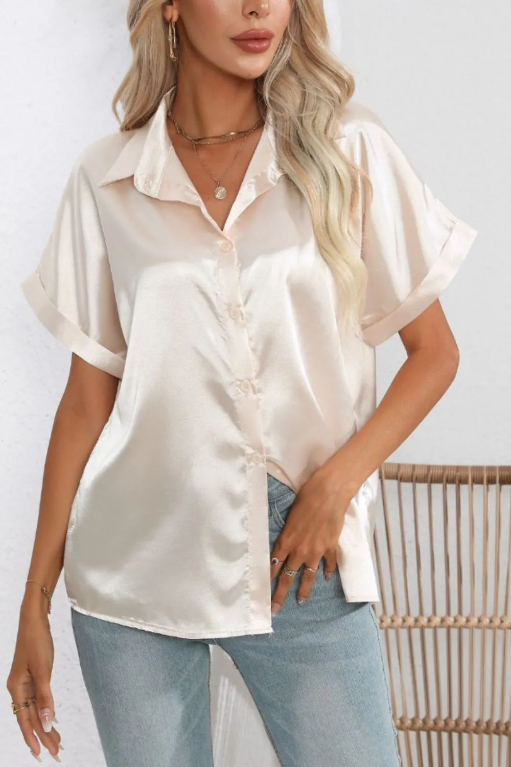 Collared Neck Short Sleeve Shirt, image 2
