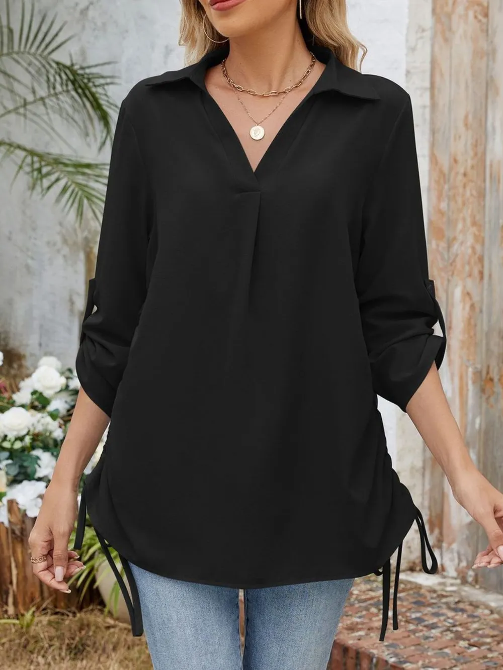 Drawstring Johnny Collared Three-Quarter Sleeve Top, image 16