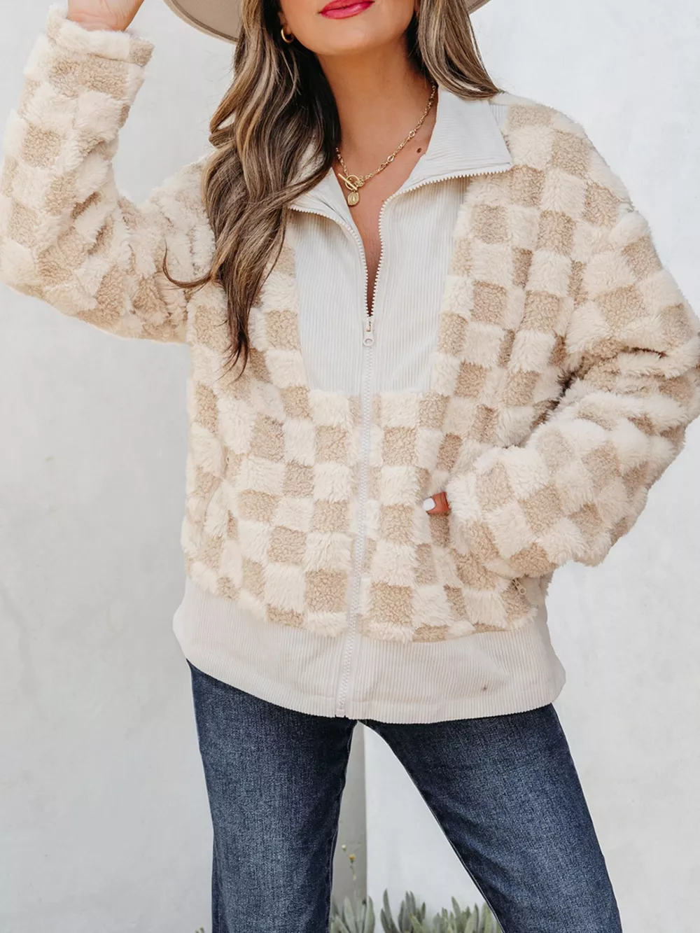 Checker Sherpa Corduroy Patchwork Zip Up Jacket, image 3