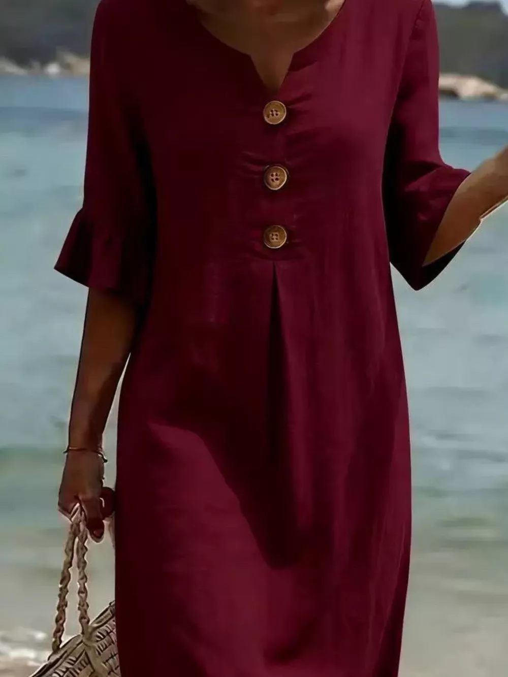Full Size Decorative Button Ruffle Half Sleeve Dress Plus Size, image 22