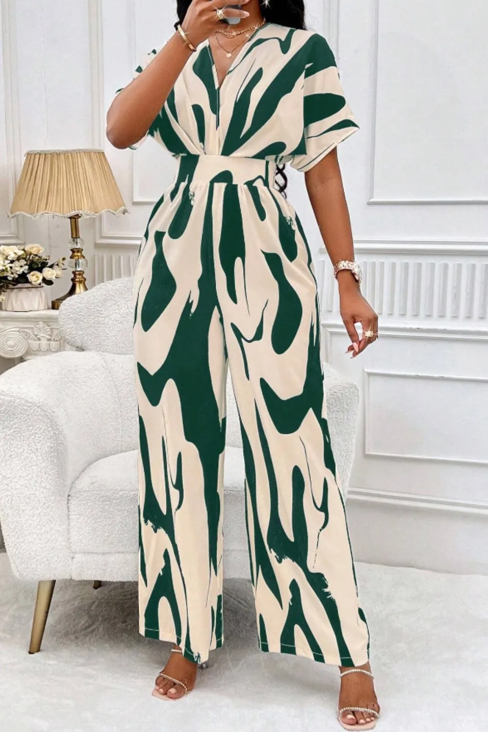 Printed V-Neck Short Sleeve Wide Leg Jumpsuit, image 6