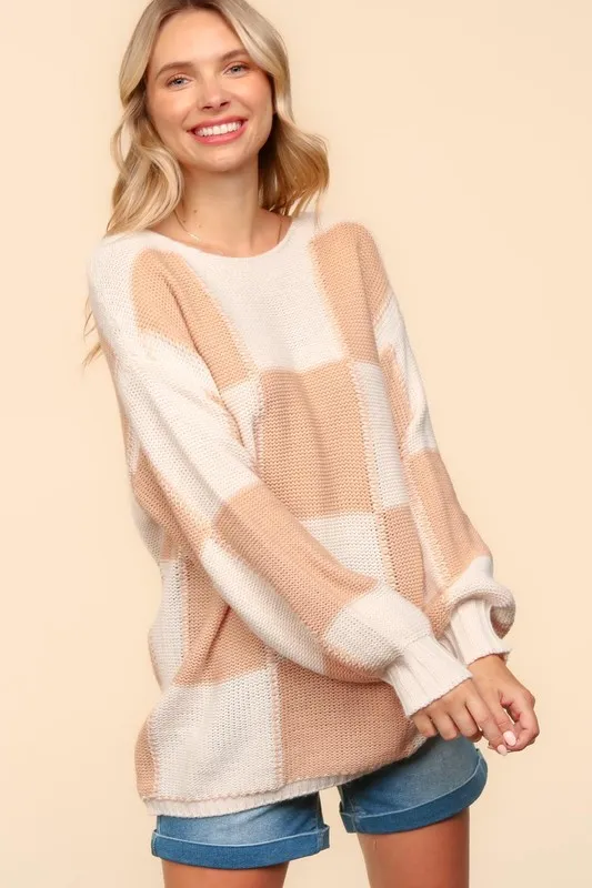 Full Size Checkered Round Neck Drop Shoulder Sweater, image 6
