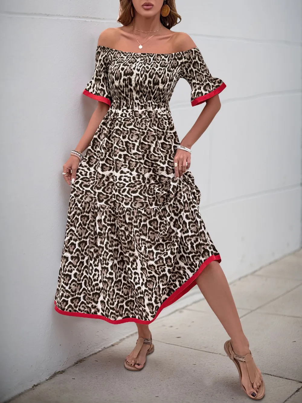 Leopard Off-Shoulder Flounce Sleeve Midi Dress, image 5