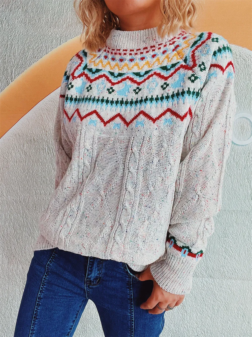 Cable-Knit Mock Neck Long Sleeve Sweater, image 8